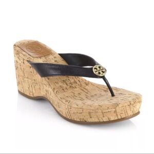 Tory Burch Black Leather Cork Wedge Sandals